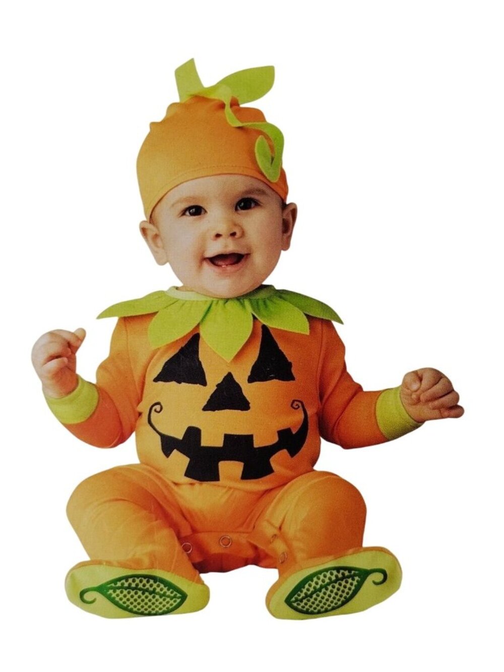 Infant 0 to 6 Months Pumpkin Jack-O-Lantern Jumpsuit and Cap Halloween Costume